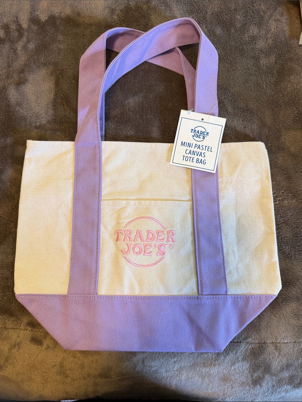 Trader Joe’s Mini Pastel Canvas Tote Cream with Lavender Handles & Pink Letters